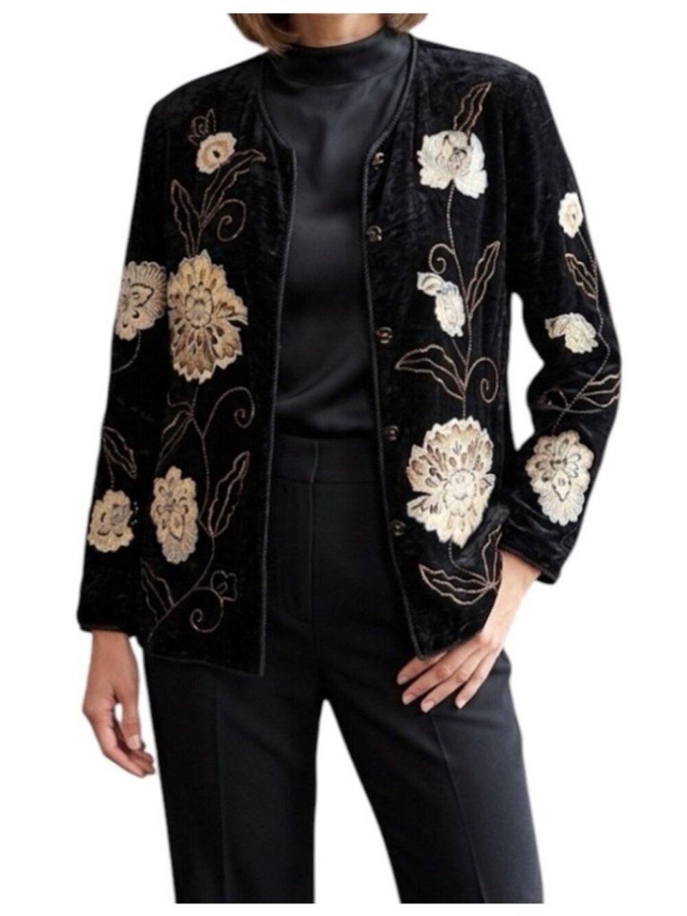 Vintage Alex Kim Black Floral Embroidered Grannycore Whimsical Blazer Large